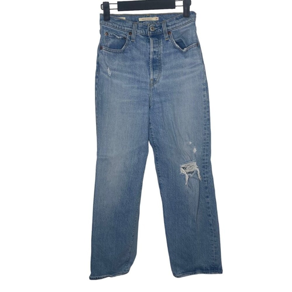 Levis Ribcage Straight Jeans Womens 25 Light Wash Distressed High Rise Denim